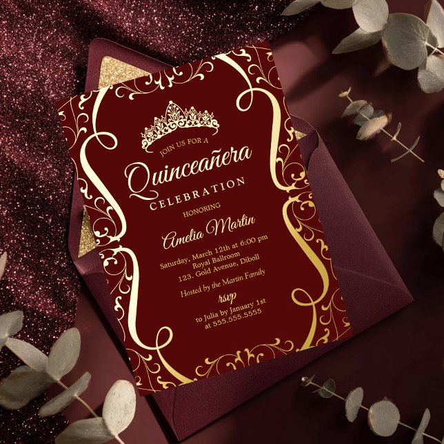 Invitación Con Relieve Metalizado Burgundy Dorado Remolino Elegante Quinceañera  (Subido por el creador)