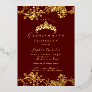 Invitación Con Relieve Metalizado Burgundy Dorado Vintage Elegante Quinceanera