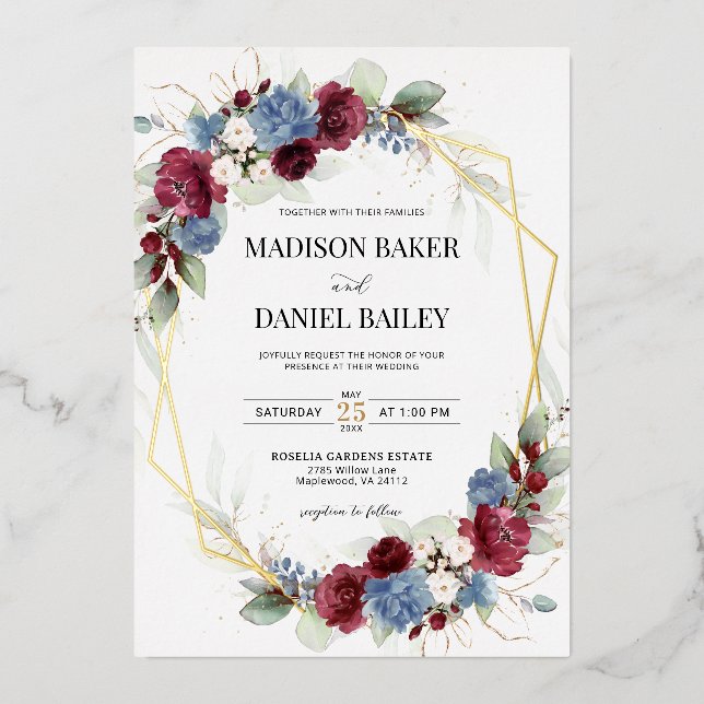 Invitación Con Relieve Metalizado Burgundy Dusty Blue Floral Geometric (Anverso)