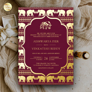 Invitación Con Relieve Metalizado Burgundy Elefante Foto Casamiento Indio Oro