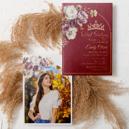 Invitación Con Relieve Metalizado Burgundy Fall Floral Sweet 16 Photo Real
