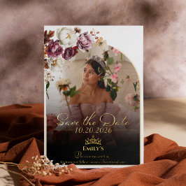 Invitación Con Relieve Metalizado Burgundy Fall Quinceanera Photo Save the Date Real