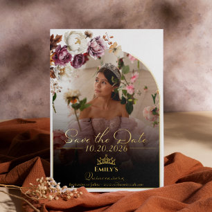Invitación Con Relieve Metalizado Burgundy Fall Quinceanera Photo Save the Date Real