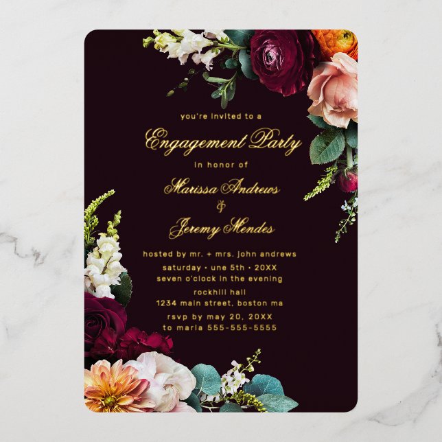 Invitación Con Relieve Metalizado Burgundy Floral Calligraphy Engagement Party Gold (Anverso)