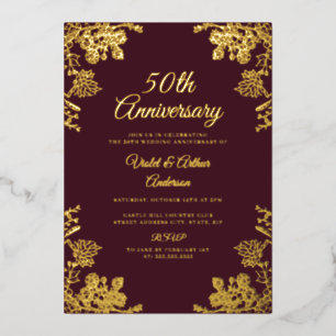 Invitación Con Relieve Metalizado Burgundy Floral Dorado 50 Aniversario de Boda