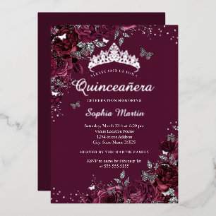 Invitación Con Relieve Metalizado Burgundy Floral Elegante Quinceañera de Plata