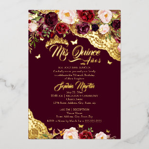 Invitación Con Relieve Metalizado Burgundy Floral Mariposa Dorada Encaje Quinceanera