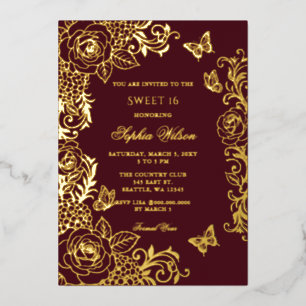 Invitación Con Relieve Metalizado Burgundy Floral Mariposa Dulces 16
