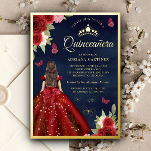 Invitación Con Relieve Metalizado Burgundy Floral Mariposa Navy Quinceañera Gold