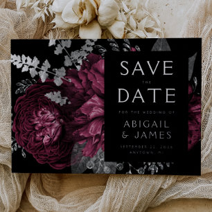 Invitación Con Relieve Metalizado Burgundy Floral Oscuro Plata Compromiso de Boda