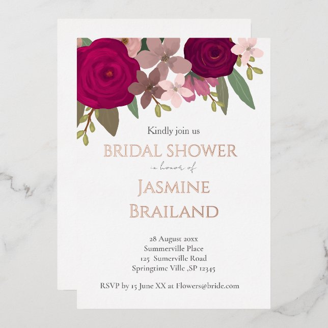 Invitación Con Relieve Metalizado Burgundy Garden Flores Bridal Shower (Anverso/Reverso)
