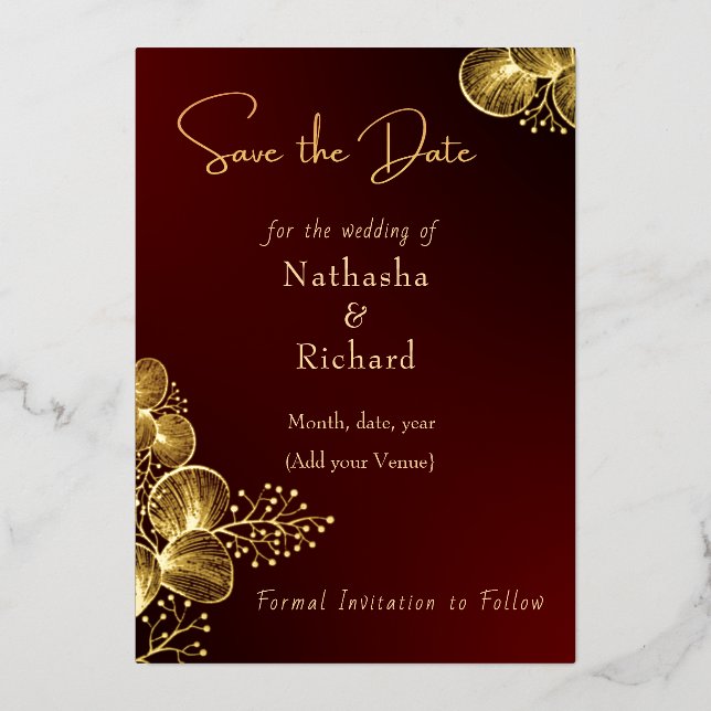Invitación Con Relieve Metalizado Burgundy & Glided Floral Elegant Wedding  (Anverso)