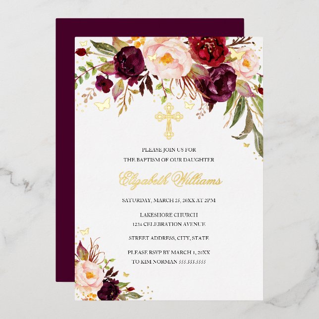 Invitación Con Relieve Metalizado Burgundy Gold acuarela bautismo Chica floral (Anverso/Reverso)