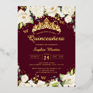 Invitación Con Relieve Metalizado Burgundy Gold Champagne Floral Quinceanera