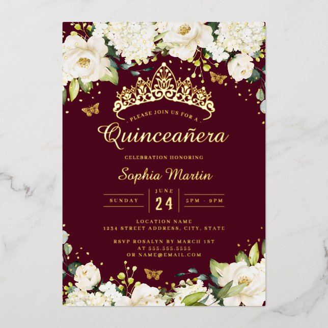 Invitación Con Relieve Metalizado Burgundy Gold Champagne Floral Quinceanera (Anverso)