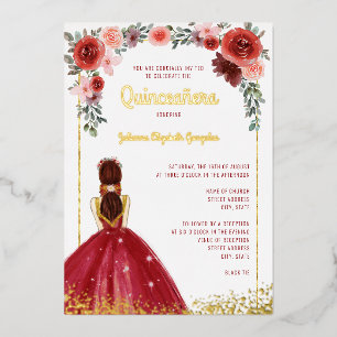 Invitación Con Relieve Metalizado Burgundy Gold Floral Ball Gown 15 Quinceanera