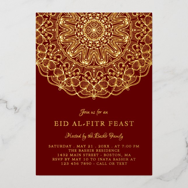 Invitación Con Relieve Metalizado Burgundy & Gold Lace Elegant Festín Eid (Anverso)