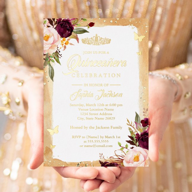 Invitación Con Relieve Metalizado Burgundy Gold Quinceanera Floral Sparkle Tiara (Subido por el creador)