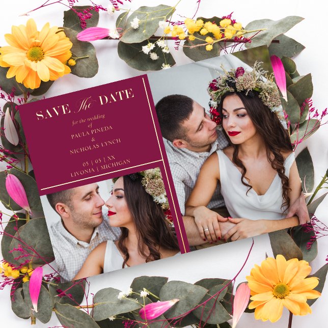 Invitación Con Relieve Metalizado Burgundy Golden 2 Photos Fancy Wedding Date (Burgundy Golden 2 Photos Fancy Wedding Real Metallic Foil Save the Date Card with Envelope.)