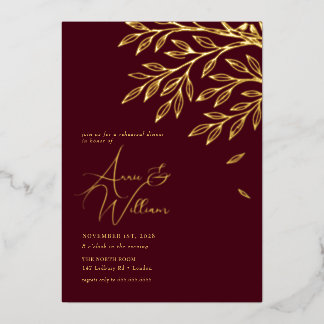 Invitación Con Relieve Metalizado Burgundy Hoja de Oro Botánica Cena de Ensayo