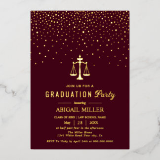 Invitación Con Relieve Metalizado Burgundy Law school Class Of 2026 graduation gold
