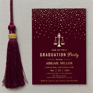 Invitación Con Relieve Metalizado Burgundy Law school Class Of 2026 graduation gold