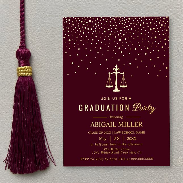 Invitación Con Relieve Metalizado Burgundy Law school Class Of 2026 graduation gold (Subido por el creador)