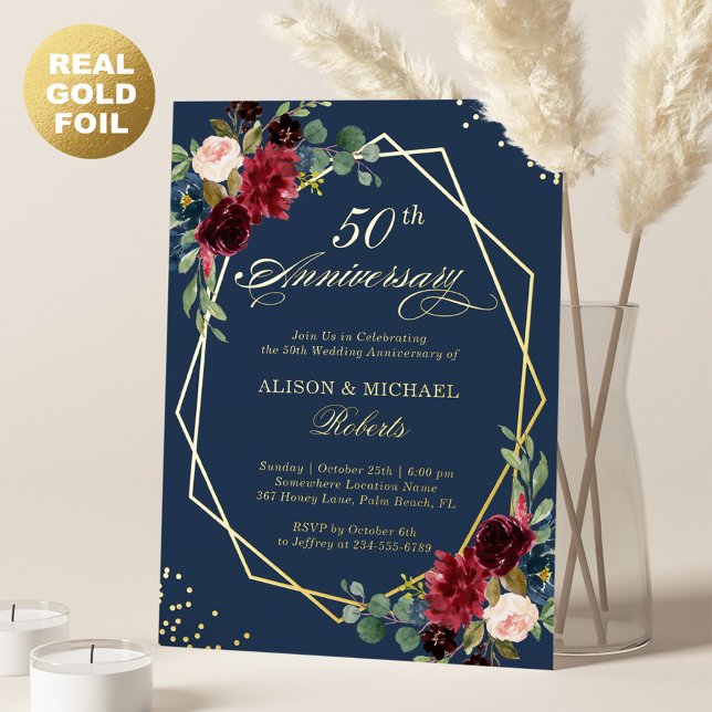 Invitación Con Relieve Metalizado Burgundy Naval Floral Geométrico Bodas Aniversario (Subido por el creador)