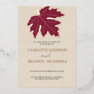 Invitación Con Relieve Metalizado Burgundy Otoño Hoja de Arce Boda Rosa Dorado