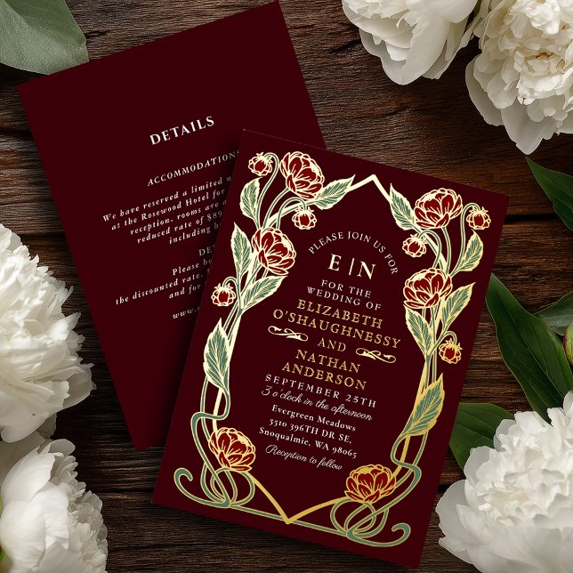 Invitación Con Relieve Metalizado Burgundy Peony Art Nouveau Wedding All in One (Subido por el creador)