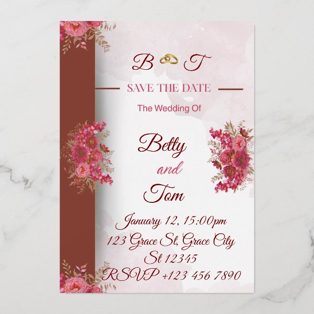 Invitación Con Relieve Metalizado Burgundy Pink Elegant Wedding (Anverso)