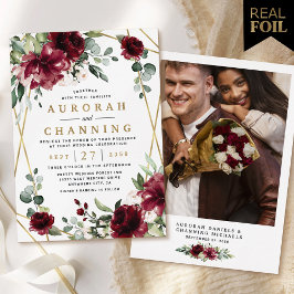 Invitación Con Relieve Metalizado Burgundy Rojo Floral Geométrico Foto Boda Dorado