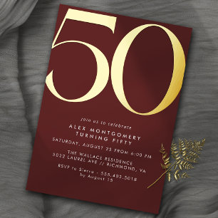Invitación Con Relieve Metalizado Burgundy Rojo Oscuro + Dorado Cumpleaños 50 Eleg