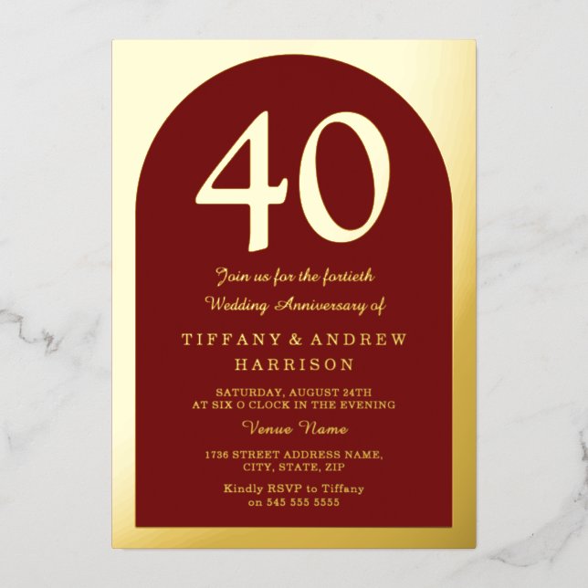 Invitación Con Relieve Metalizado Burgundy Rojo Rubí 40 Aniversario de Boda Oro (Anverso)