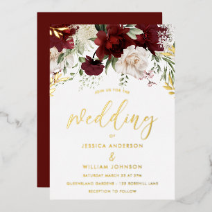 Invitación Con Relieve Metalizado Burgundy Rojo y Blanco Floral Boda Gold