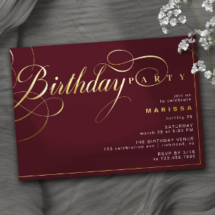 Invitación Con Relieve Metalizado Burgundy Rojo y Dorado Fiesta de Cumpleaños Eleg