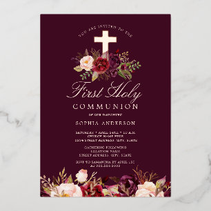 Invitación Con Relieve Metalizado Burgundy Rose Gold Cross Niñas Primera Comunión