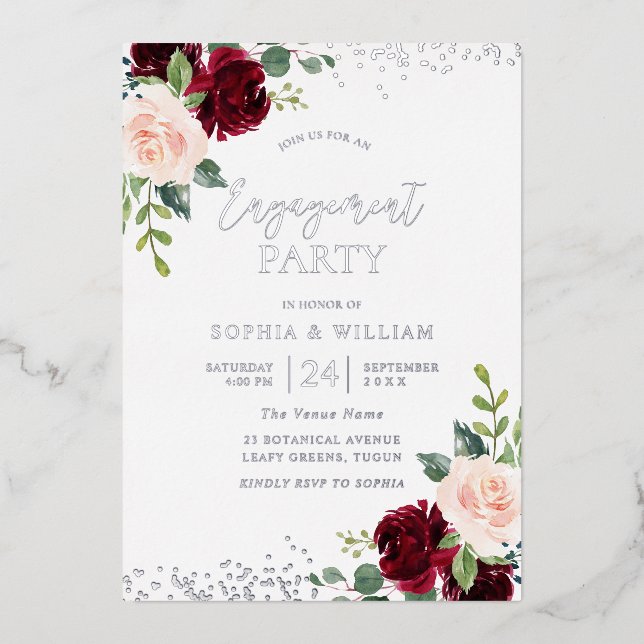 Invitación Con Relieve Metalizado Burgundy Rubor Floral Engagement Party Silver (Anverso)