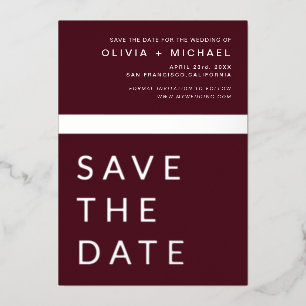 Invitación Con Relieve Metalizado Burgundy Silver Save the Date Elegante 