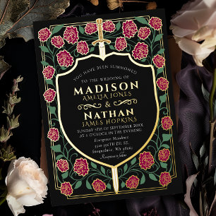 Invitación Con Relieve Metalizado Burgundy Sword Shield Monograma Fantasía Boda