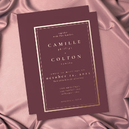 Invitación Con Relieve Metalizado Burgundy Vino Marco Minimalista Boda Rosa Oro