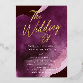 Invitación Con Relieve Metalizado Burgundy Watercolor Boda moderno oro