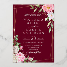 Invitación Con Relieve Metalizado Burgundy Watercolor Floral Geométrico Gold Boda