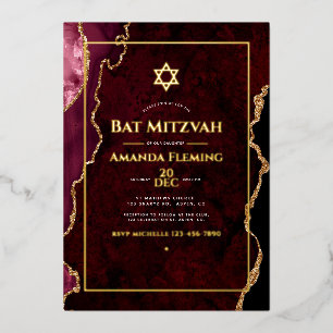 Invitación Con Relieve Metalizado Burgundy y Gold Falso Agata Bat Mitzvah