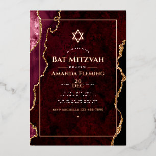 Invitación Con Relieve Metalizado Burgundy y Rosa Faux Agate Bat Mitzvah