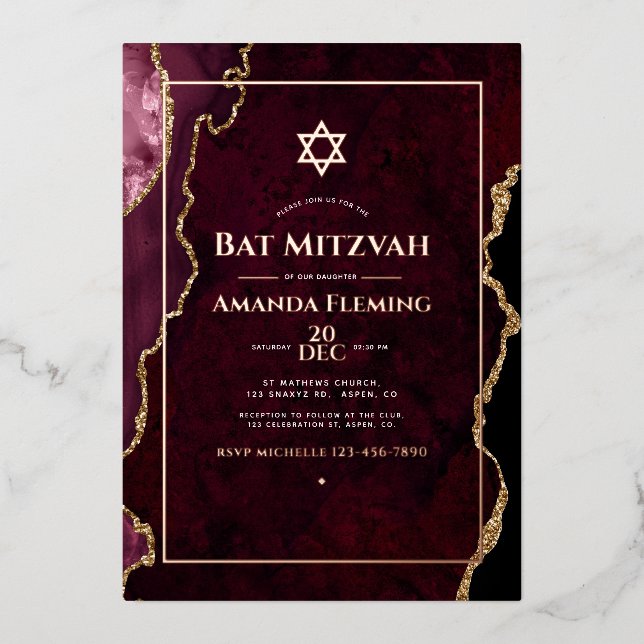 Invitación Con Relieve Metalizado Burgundy y Rosa Faux Agate Bat Mitzvah (Anverso)