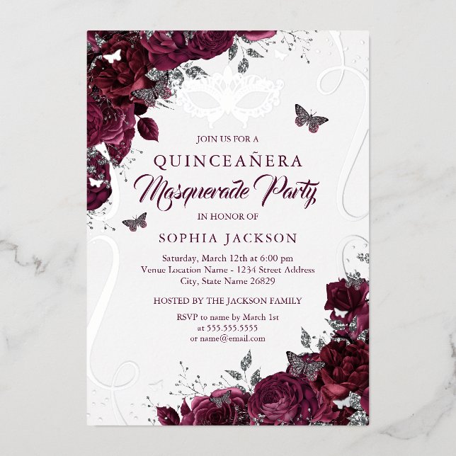 Invitación Con Relieve Metalizado Burgunera Quinceanera (Anverso)