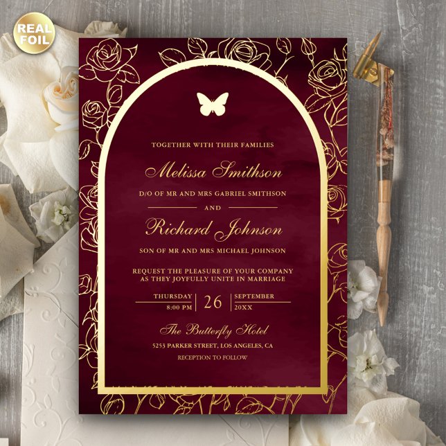 Invitación Con Relieve Metalizado Burgunline Art Arch Mariposa Boda Oro (Subido por el creador)