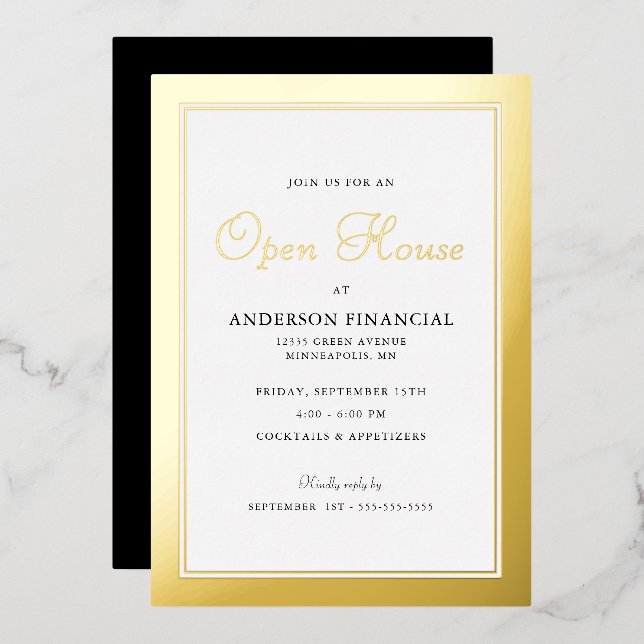 Invitación Con Relieve Metalizado Business Open House Tradicional Profesional Gold (Anverso/Reverso)