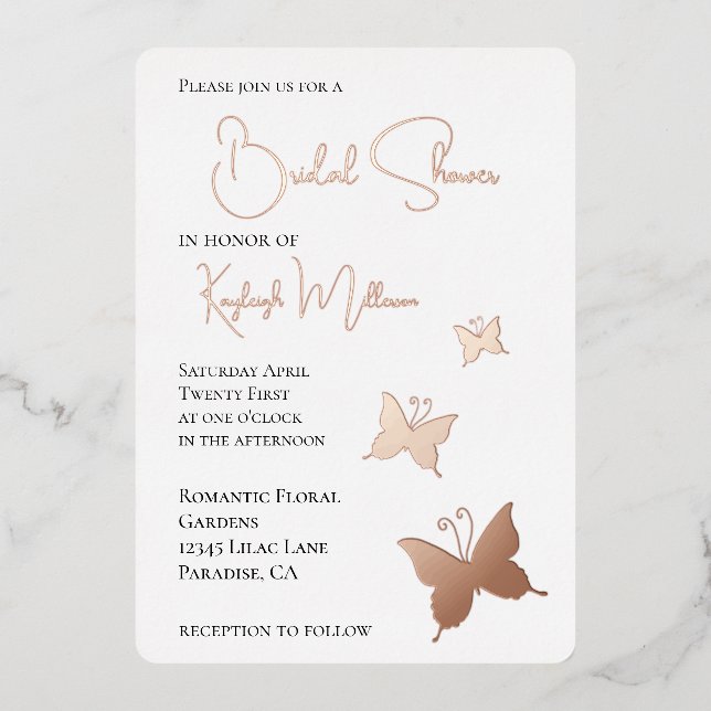 Invitación Con Relieve Metalizado Butterflies Bridal Shower (Anverso)